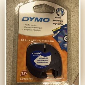 Dymo Letratag 91331 White Plastic label 1/2”W x 13’L.      12mm x 4mm new